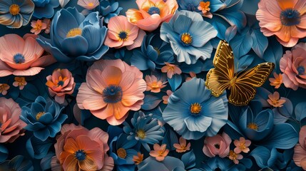 Bright 3D flowers in shades of pink and blue with a golden butterfly, richly detailed, high contrast, and dynamic flow, artistic and lively