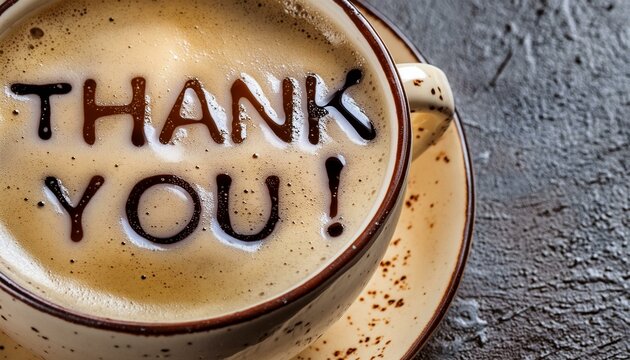 A mug filled with coffee and the words "Thank You" written or seen on top in the foam. A cup filled with espresso and art says "Thanks".