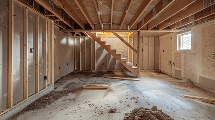 A photo of an unfinished basement with wooden frame walls and staircase, showing the rough construction process and potential for future development in home hunting.