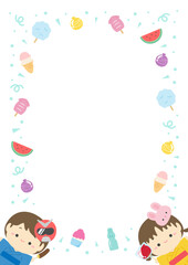 夏祭りの屋台の食べ物と浴衣を着た子供のかわいいフレーム背景素材、夏のベクターイラスト03