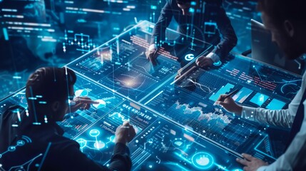 A group of individuals gathered around a table, engaged with a computer screen in front of them.