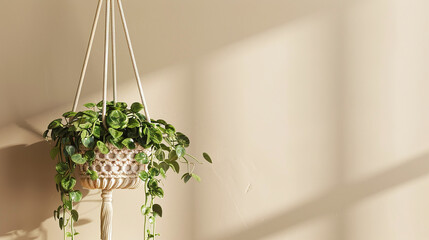 Hanging Macrame Plant Holder with Lush Green Leaves on Beige Wall in Sunlit Room