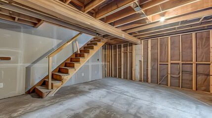 A photo of an unfinished basement with wooden frame walls and staircase, showing the rough construction process and potential for future development in home hunting.