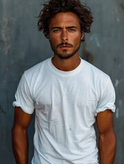 Young Man With White T-Shirt Posing Against Gray Background in Studio Lighting
