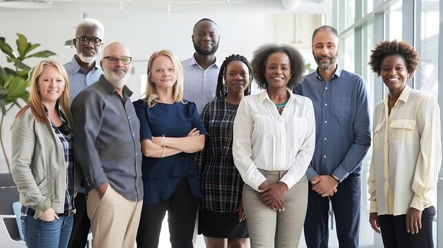 Corporate portrait of a multigenerational working team with multiracial and disabled members  Group photo of colleagues standing in the office in coworking space looking at the camera  : Generative AI