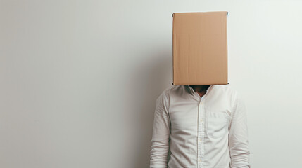 man standing behind a brown cardboard head, taken against a minimalist white background, Ai Generated images
