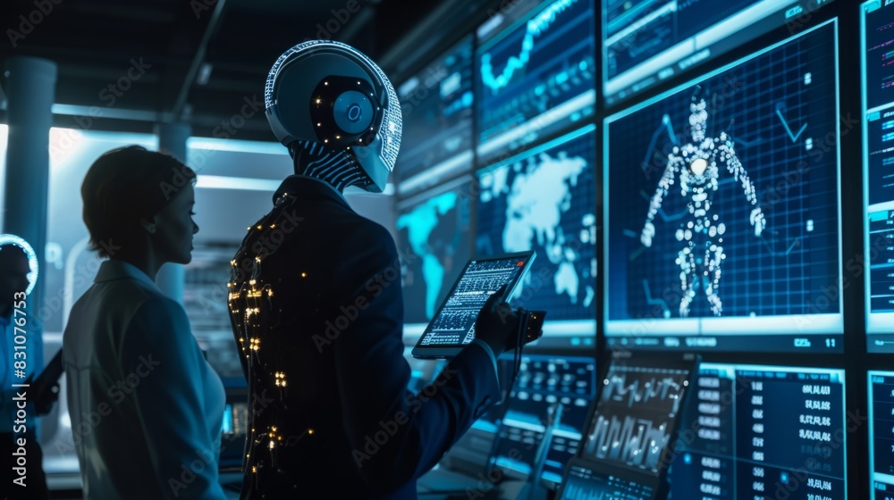 Poster two individuals are standing in front of a large wall of computer screens, perhaps analyzing data or