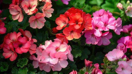 Colorful fish geranium blooms in a garden with close up of pink and red flowers
