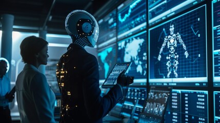 Two individuals are standing in front of a large wall of computer screens, perhaps analyzing data or monitoring activities.