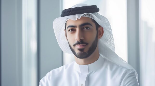 Handsome man with dish dasha working in his business office of Dubai Portraits of a successful businessman in traditional emirates white dress Concept about middle eastern cultures : Generative AI