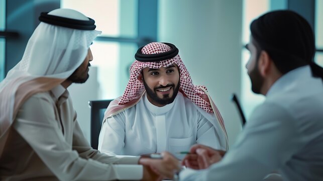Mixed business team in Dubai Business meeting with men wearing kandura and western people in the office : Generative AI