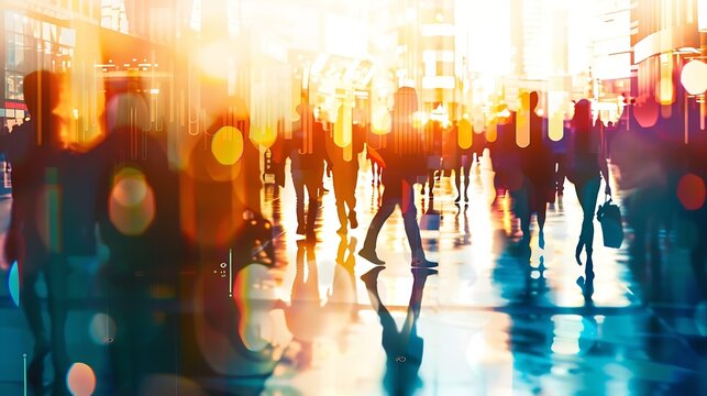 Network and internet communication concept Silhouettes of business people in abstract city with double exposure of blurry network interface Toned image : Generative AI