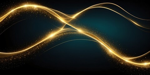 abstract luminous teal and gold curve trail of glowing glitters on plain black banner design background
