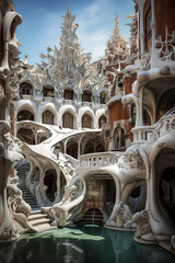 An ornate building with fluid-like white structures and arches, reflecting in water, evokes a sense of artistic architecture