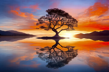 A lone tree on an islet, silhouetted against a vibrant sunset, with a perfect reflection in tranquil waters - Powered by Adobe