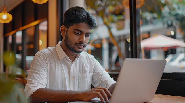 focused indian student working on laptop young man using computer in cafe