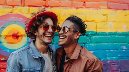 A gay couple laughing and painting a mural together with Pride symbols, Urban Style, Bright Colors, Graffiti Art, depicting creative expression and love
