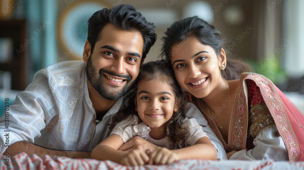 Wall mural happy indian family sitting together at home