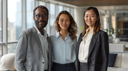 Diverse Business Team Smiling Multiethnic Colleagues in Modern Office Background Collaborating