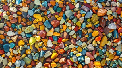 A vibrant array of multicolored pebbles scattered across the ground, each stone glistening under soft light, creating a mesmerizing mosaic of nature's palette