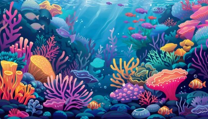 Underwater landscape. fish, algae and coral reefs are beautiful and colorful. background with sea vegetation and animals