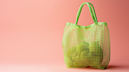 Reusable Green Mesh Shopping Bag with Fresh Apples Against Coral Background