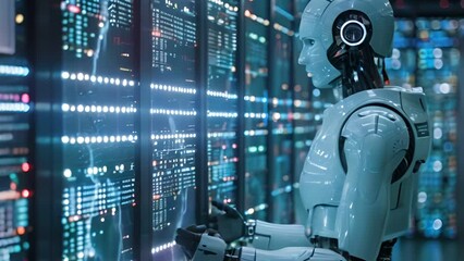 A humanoid robot interacts with a server rack in a data center. The robot is monitoring and managing the server infrastructure.