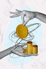 Collage artwork poster of human arms holding golden coins budget isolated on white color background