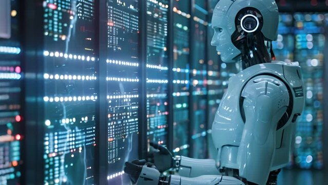 A humanoid robot interacts with a server rack in a data center. The robot is monitoring and managing the server infrastructure.