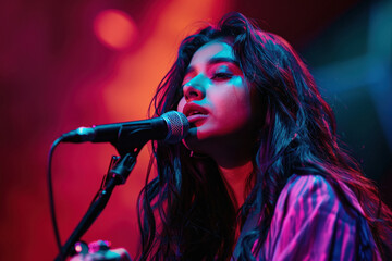 young indian woman singing with microphone
