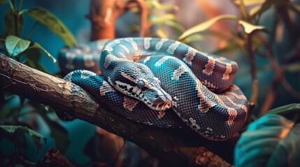 Majestic python coiled around a tree branch in the jungle