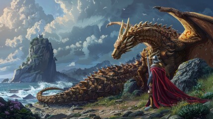 Fototapeta premium fairy tale scene featuring a brave knight and a dragon. The knight should be in shining armor, standing valiantly before a majestic dragon
