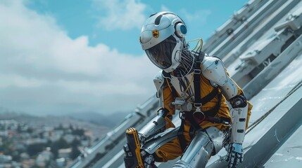 A robot tinman secured with climbing harness and tool belt, using a cordless drill on chimney sheeting on the roof, coastal cityscape