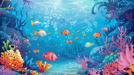 Fototapeta premium Underwater landscape. fish, algae and coral reefs are beautiful and colorful. background with sea vegetation and animals