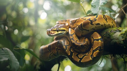 Naklejka premium Majestic python coiled around a tree branch in the jungle