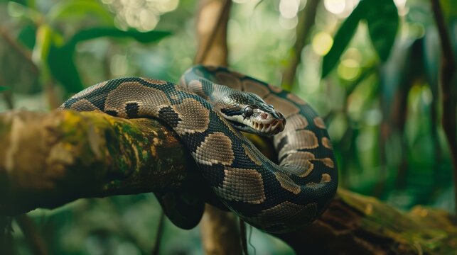 Majestic python coiled around a tree branch in the jungle