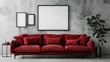 Bold Red Frame Mockup in Stylish Room, Ideal for Dramatic Art Showcases, Chic and Captivating