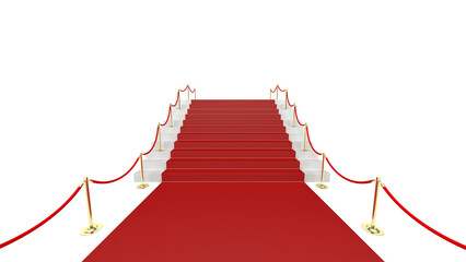 Red carpet on white stairs isolated on white background. 3d illustration.
