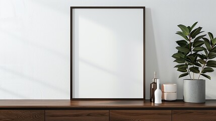 Frame Mockup in Modern Room with Wooden Accents, Ideal for Natural Art Showcases, Warm and Inviting