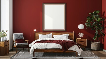 Luxurious Red Frame Mockup in Opulent Bedroom Decor, Perfect for Rich and Elegant Themes