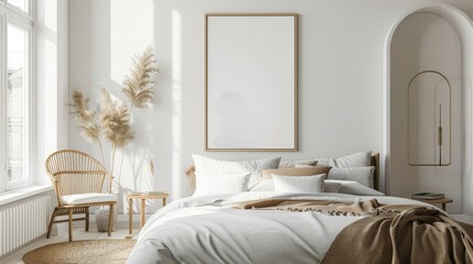 Classic White Frame Mockup in Bright and Airy Bedroom, Perfect for Elegant Home Styling