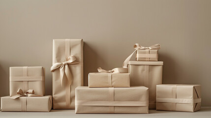 Neutral Tone Gift Boxes with Satin Ribbons Against Beige Background Symbolizing Minimalist Elegance