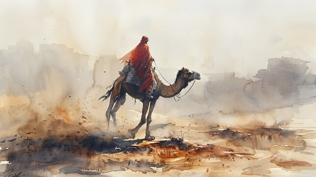 Person in Red Cloak Riding Camel Through Desert in Misty Background Watercolor Painting