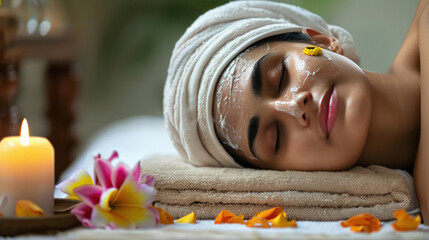 young indian woman applying turmeric cream on face