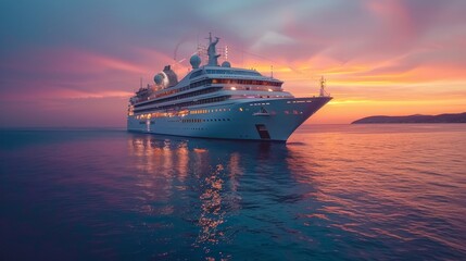 A grand cruise ship navigating calm, crystal-clear waters, its sophisticated architecture shining under the colorful dusk sky, reflecting the twilight hues