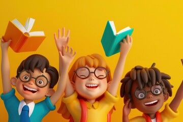 Schoolchildren of different races and cultures smile and hold books in their hands. 3D illustration, plasticine style. Solid yellow background. Friendship of peoples, education of children 

