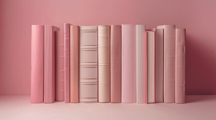Pink Bookshelf with Assorted Pastel Books Displayed Against a Blush Pink Background