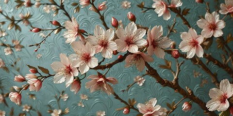 wallpaper depicting an embossed cherry blossom pattern. Set illustrating Japan