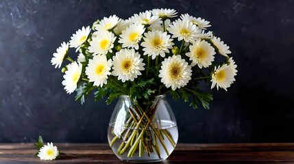 Beautiful white flowers in a glass vase on a dark background with festive bokeh. Autumn bouquet of chrysanthemums