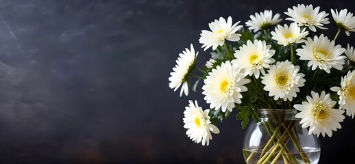 Beautiful white flowers in a glass vase on a dark background with festive bokeh. Autumn bouquet of chrysanthemums